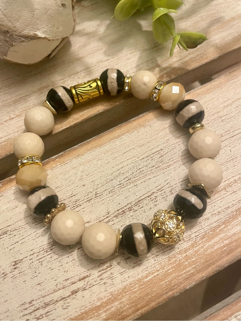 Black and Cream Tibetan Agate and Sandstone Bracelet 10mm with Gold Accents